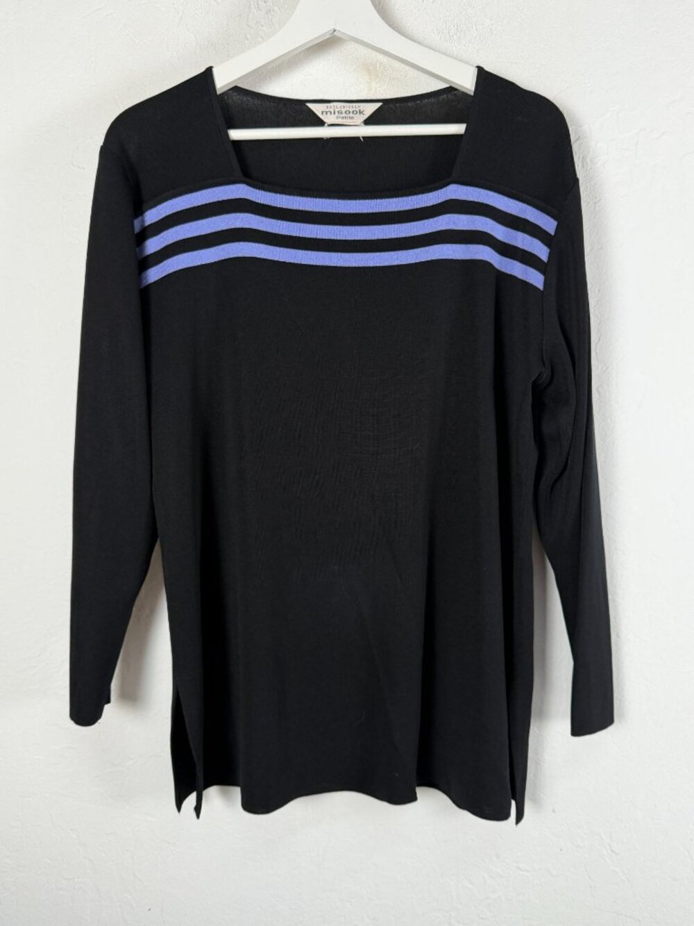 Exclusively Misook Petite Womens Black Striped Square Neck Knit Top Large Petite